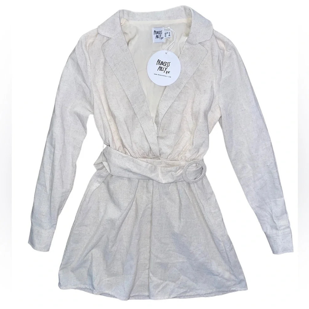 Princess Polly Turin Long Sleeve Belted Mini Dress Beige Size 2 Preppy Office